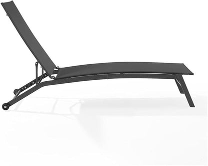 Pemberly Row Outdoor Chaise Lounge Chair, Charcoal Textilene Sling Fabric, Matte Black Powder-Coated Steel Frame, Six-Position Adjustable Backrest, Wheeled Design, Durable UV-Resistant Patio Furniture