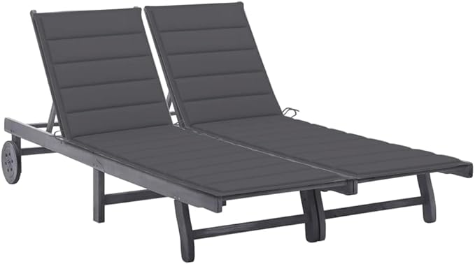 2-Person Sunlounger Grey 78.7 in Acacia Wood Patio Chaise with Wheels Adjustable Backrest UV-Resistant Cushions Outdoor - Photo 1