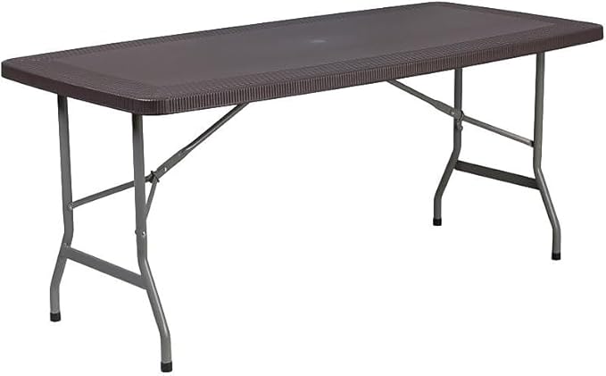 Flash Furniture Elon 5.62-Foot Brown Rattan Indoor-Outdoor Plastic Folding Table with Umbrella Hole - Photo 4