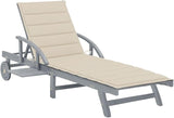 Extra Long Grey Acacia Wood Sunlounger with Wheels Adjustable Backrest UV Resistant Cushion Modern Outdoor Chaise - Photo 1