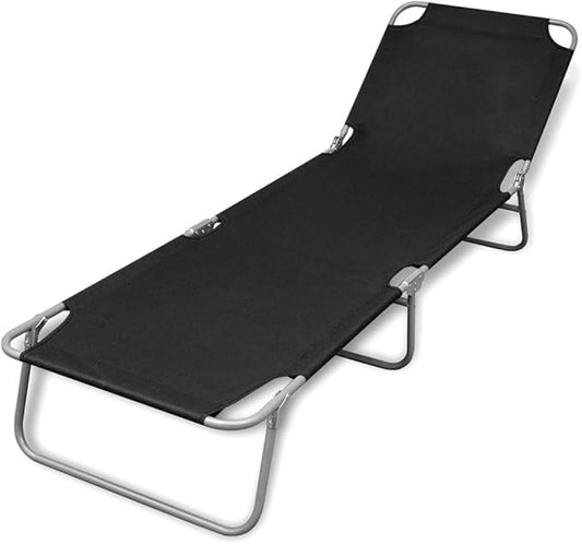 Sun Lounger Black Powder-Coated Steel Beach Chair Patio Sunbed for Balcony Yard 74.4 in Long Foldable