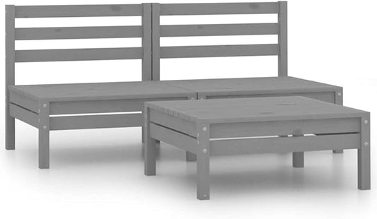 3-Piece Garden Lounge Set, Compact Modular Patio Furniture, Solid Pinewood Outdoor Seating with Coffee Table, Grey Rustic Backyard Sofa for Terrace
