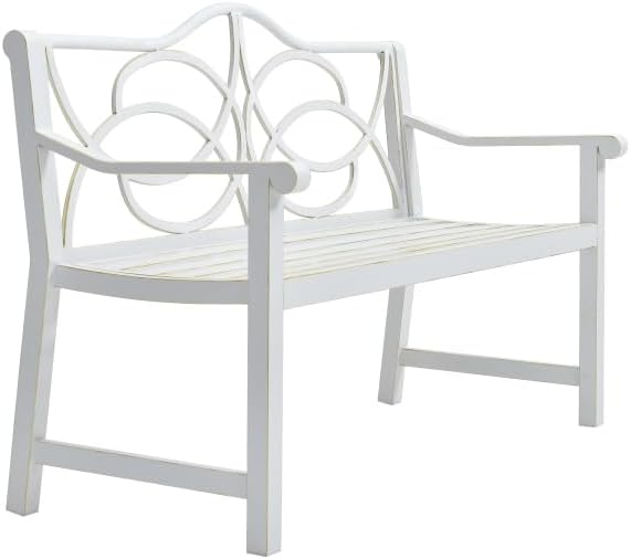 Outdoor Patio Garden Bench, Iron Metal Steel Park Bench with Backrest and Armrest, Slatted Seat for Yard Porch Balcony, Accommodates 2-3 People, White