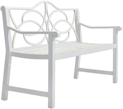 Outdoor Patio Garden Bench, Iron Metal Steel Park Bench with Backrest and Armrest, Slatted Seat for Yard Porch Balcony, Accommodates 2-3 People, White
