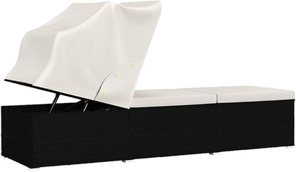 Sun Lounger with Canopy and Cushion, Pool Chairs Outdoor Chaise Lounge Chair Patio Furniture Outdoor Lounge Chairs Suitable for Patio Poolside Lawn Garden Poly Rattan Cream White