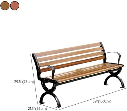 LITFAD Outdoor Bench Modern Park Bench with Corrosion Resistant Metal Frame, Red Brown Wooden Seating with Backrest, Garden Bench for Patio, Lawn, Yard, Porch - Type D, 59" L x 21.5" W x 29.5" H