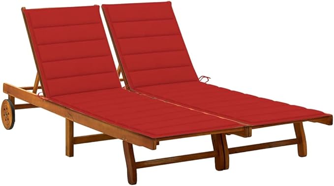 2-Person Acacia Wood Outdoor Chaise Lounge with Red Cushions, Adjustable Backrest & Wheels, 48.4"x78.7"x32.7" - Photo 1