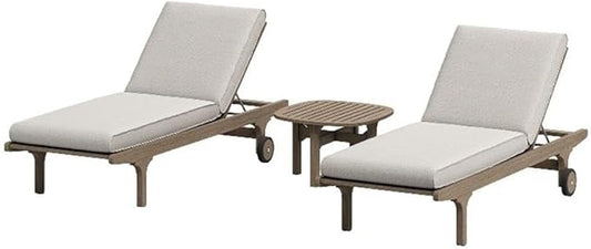 Modway Saratoga Teak Wood Set of 2 Chaise Lounge Chairs and Side Table in Pebble - 3-Piece Outdoor Furniture Set