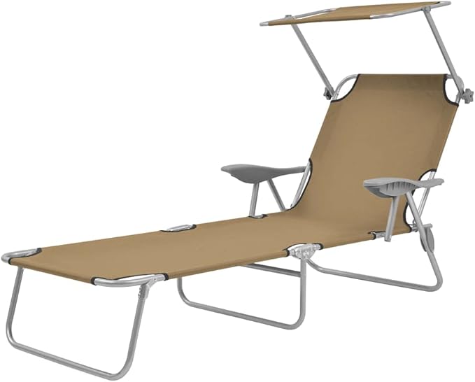 Taupe Folding Sun Lounger w/UV Canopy, Steel Frame, Oxford Fabric, 74.4"x22.8"x42.7", for Beach, Patio, Garden, Camping - Photo 1