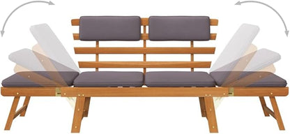 2-in-1 Patio Daybed with Cushion,Park Wooden Bench,Garden Bench,Balcony Bench,Outdoor Furniture,Picnic Bench, for The Front Porch,Deck, Balcony or Backyard,74.8" Solid Acacia Wood