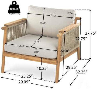 Christopher Knight Home Hadley Patio Club Chairs with Water-Resistant Cushion, Acacia Wood Lounge Chair Outdoor, Wooden Outdoor Accent Chair, Armrest Sofa Set for Garden Porch Backyard, Teak+Beige