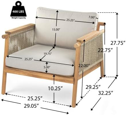 Christopher Knight Home Hadley Patio Club Chairs with Water-Resistant Cushion, Acacia Wood Lounge Chair Outdoor, Wooden Outdoor Accent Chair, Armrest Sofa Set for Garden Porch Backyard, Teak+Beige