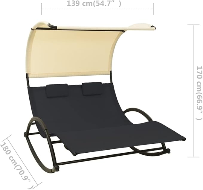 Large Double Sun Lounger Outdoor Chaise Lounge 71"x55"x67" Textilene Rocking Patio Pool Tanning Chair with Canopy & Two - Photo 2
