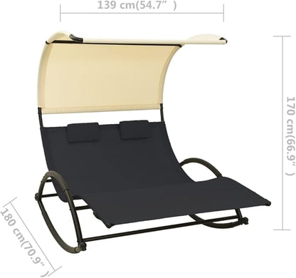 Large Double Sun Lounger Outdoor Chaise Lounge 71"x55"x67" Textilene Rocking Patio Pool Tanning Chair with Canopy & Two Pillows for Garden, Terrace and Poolside