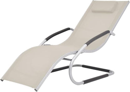 Outdoor Chaise Lounge Cream Crescent 59.8 x 24.4 in Textilene Sun Lounger with Adjustable Pillow, Lightweight Aluminum Frame Reclining Patio Chair for Garden, Poolside, Balcony Use