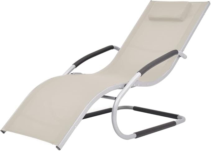 Textilene Crescent Outdoor Chaise Lounge, 59.8"x24.4" Cream Sun Lounger with Adjustable Headrest, Lightweight Aluminum Frame for Poolside, Patio, Backyard and Sunbathing