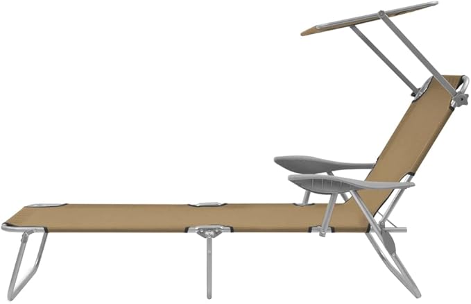 Folding Taupe Sunlounger 74.4" x 22.8" x 10.6" Powder-Coated Steel Frame with Adjustable Backrest & UV Canopy Outdoor - Photo 4