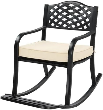Metal Rocking Chair Outdoor Patio Rocker with Thick Cushion and Footrest, Weatherproof Wrought Iron Rocking Bench for Porch, Garden, Backyard, Lawn, Elegant Lattice Backrest, Black