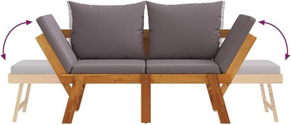 Solid Acacia Wood Garden Bench with Convertible Functionality and Weather-Resistant Cushions, Dark Grey Polyester Medium, 2-in-1 Outdoor Seating and Daybed for Patio Terrace