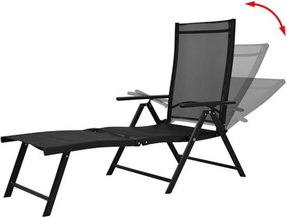 Folding Sun Lounger Black Aluminum Frame 25x70x38 in 7-Recline Outdoor Chaise Lounge UV Textilene Portable Poolside Chair for Patio Garden Balcony Beach