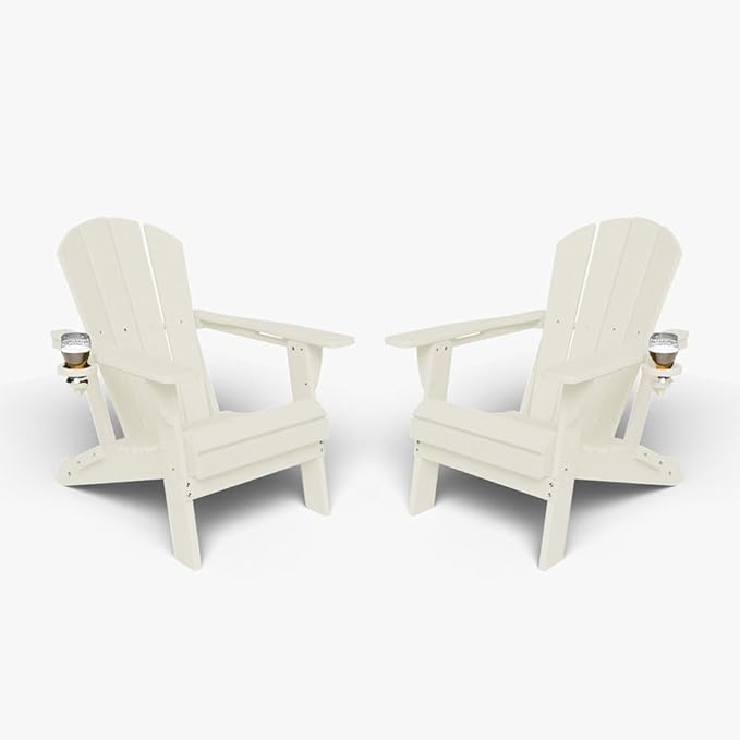 Folding Adirondack Chair with Cup Holders Set of 2, HDPE Plastic Outdoor Chairs, Weather Resistant, Real Wood Look for Patio, Deck, Fire Pit, Backyard, White