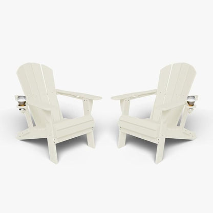Folding Adirondack Chair with Cup Holders Set of 2, HDPE Plastic Outdoor Chairs, Weather Resistant, Real Wood Look for Patio, Deck, Fire Pit, Backyard, White