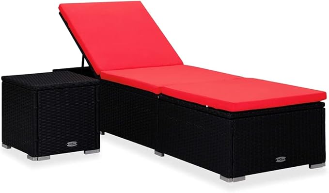 Sun Lounger with Cushion and Tea Table Poly Rattan Red Beach Chair Patio Chaise Lounge for Yard Balcony - Photo 1