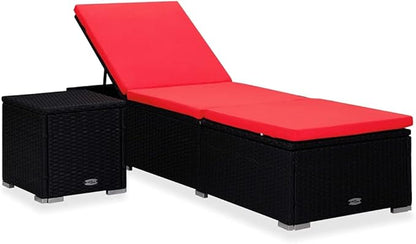 Sun Lounger with Cushion and Tea Table Poly Rattan Red Beach Chair Patio Chaise Lounge for Yard Balcony