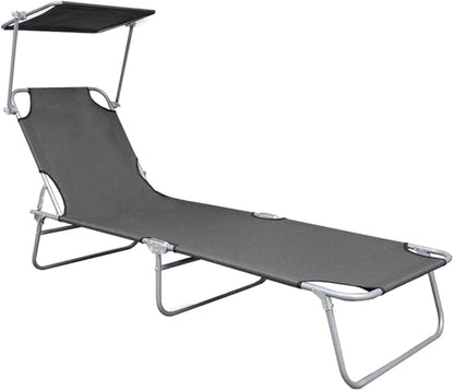 Folding Sun Lounger,Patio Chaise Lounge Chair,Outdoor Recliner Lounge Chair Sun Loungers, All Weather Chaise for Garden, Balcony, Pool with Canopy Grey Aluminum