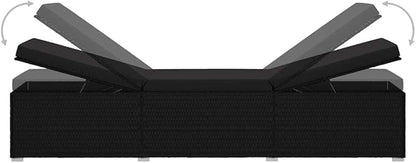 Sun Lounger with Cushion and Tea Table Poly Rattan Black Patio Chaise Lounge Outdoor Lounger for Pool Poolside