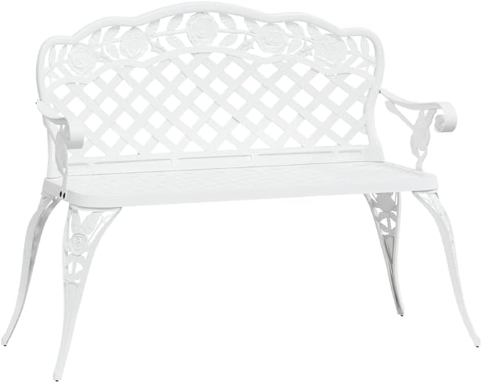 42.5 inch Outdoor Garden Bench, Cast Aluminum and Iron Patio Bench with Floral Backrest, Weather-Resistant 2-Seater Metal Bench for Backyard, Porch, Park, White