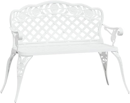 42.5 inch Outdoor Garden Bench, Cast Aluminum and Iron Patio Bench with Floral Backrest, Weather Resistant White Metal Seating for Backyard, Porch, Lawn, 2-Seater