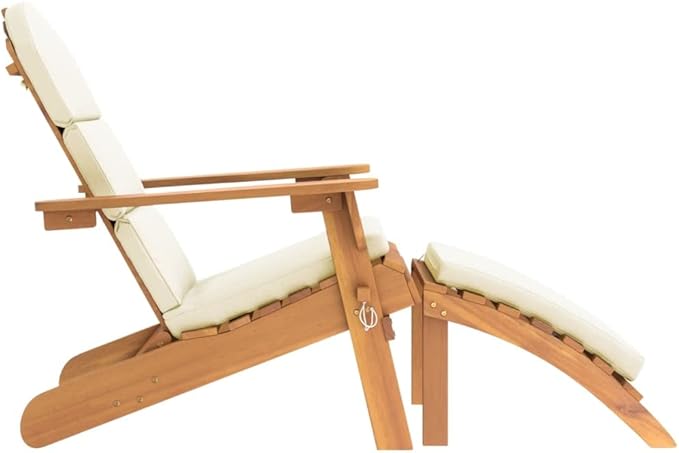 Adirondack Patio Chair with Footrest Solid Wood Acacia Outdoor Lounge Chair Foldable Design Cream White Cushions for Backyard Poolside Beach and Garden Relaxation
