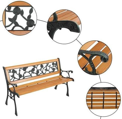 49" Outdoor Garden Bench, Patio Furniture Outdoor Chair with Hardwood Slats and Cast Iron Frame, Weather Proof 2-Person Outdoor Loveseat with Rose Style Back for Park, Porch, Pool, Backyard