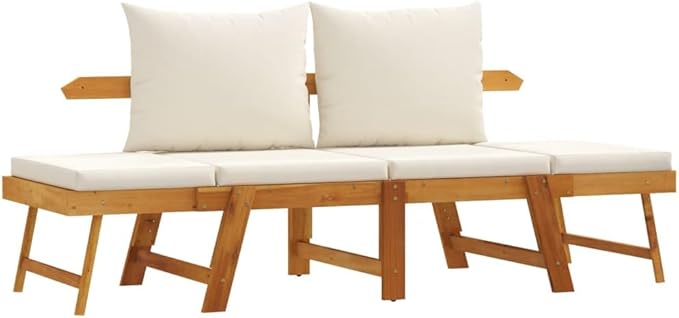 Garden Bench Cream White Solid Acacia Wood 2-in-1 Adjustable Convertible Design with Plush Cushions and Adjustable Armrests for Outdoor Patio Seating Comfort