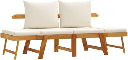 2-in-1 Convertible Garden Bench Cream White Solid Acacia Wood Adjustable Armrests Outdoor Seating for Patio Porch Balcony 29.1 x 80.7 x 26 in