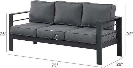 Kiss the Water Outdoor Couch Aluminum Patio Furniture Sofa, 3 Seat All-Weather Metal Patio Couch with 5" Thick and Soft Cushion and Wide Arm, Outdoor Sofa for Balcony, Porch