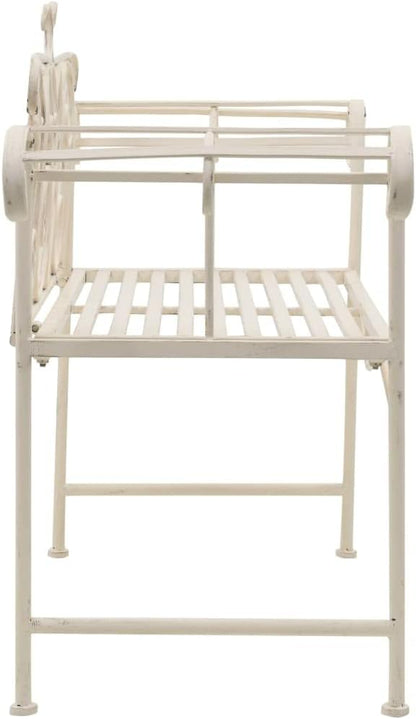 Antique White Metal Garden Bench 52 Inches Wide with Decorative Inlays, Sturdy Powder-Coated Steel Outdoor Seating for Patio, Vintage Scroll Design Backrest, Comfortable