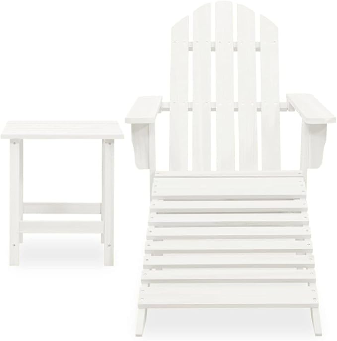 White Solid Fir Wood Adirondack Chair with Ottoman and Table Patio Furniture Set for Outdoor Garden Balcony Porch Modern Durable Seating