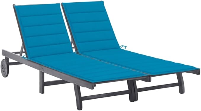 Acacia Wood Outdoor Chaise Lounge, 78.7×23.6×40.9", Grey, Adjustable Backrest, Wheels, Cushion - Photo 1