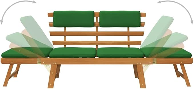 Convertible Garden Bench with Cushions, Outdoor Daybed, Acacia Wood Patio Furniture, Grey Wash Finish Brown and Green - Photo 6