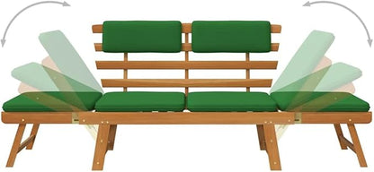 Convertible Garden Bench in Green and Brown Solid Acacia Wood with Polyester Cushions, Outdoor Daybed for Patio and Balcony, Weather-Resilient Lounger with Removable Covers