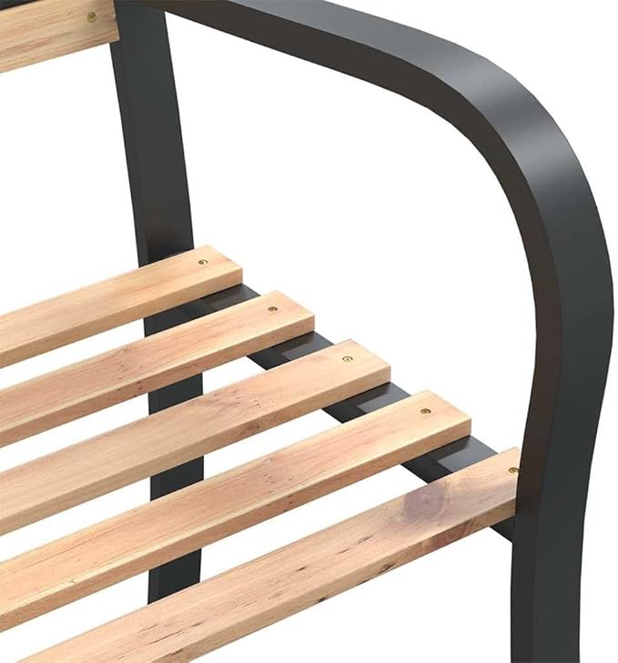 Twin Garden Bench 93.7" Wide Natural Chinese Fir Wood & Black Steel Outdoor Seating for Patio Balcony Porch, Long Rectangular Park Style Loveseat, Brown