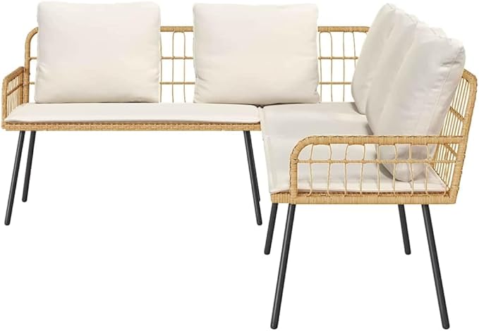 Outdoor Patio Sofa Brown PE Rattan Small Couch 90.9x68.1x30.7 in Metal Frame with Bench Cushion Modern L-Shaped Garden Furniture for Garden Balcony Deck