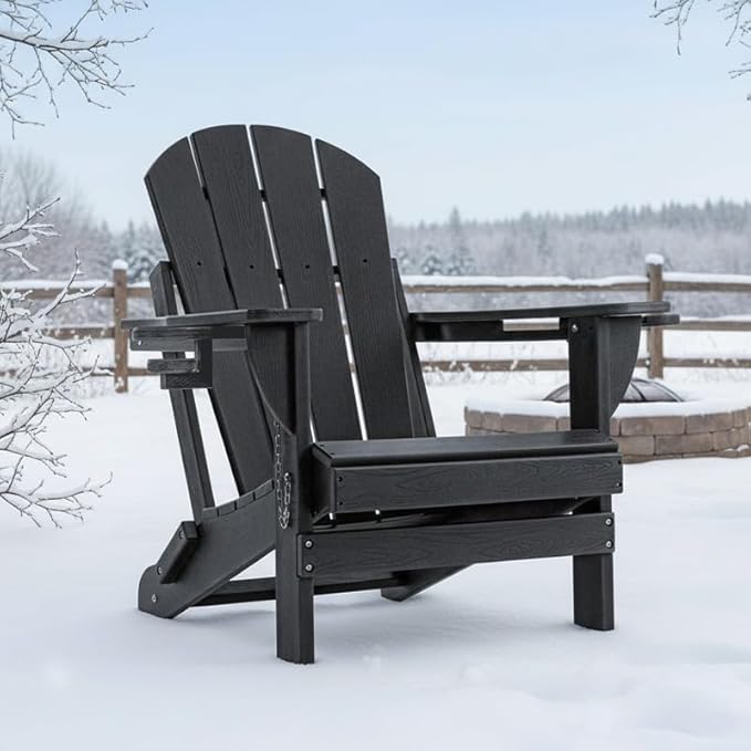 Folding Outdoor Adirondack Chairs Set of 1 with High&Reclining Back-HDPE Weather Resistant Patio Chairs with Cup and Phone Holder for Patio,Fire Pit, Garden and Backyard