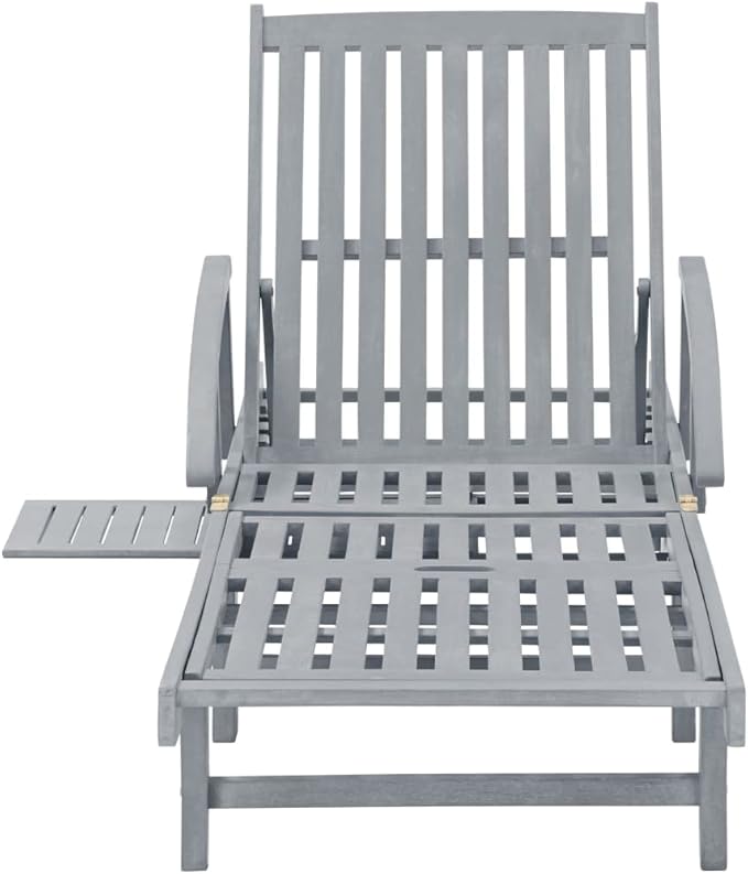 Extra Long Grey Acacia Wood Sunlounger with Wheels Adjustable Backrest UV Resistant Cushion Modern Outdoor Chaise - Photo 9