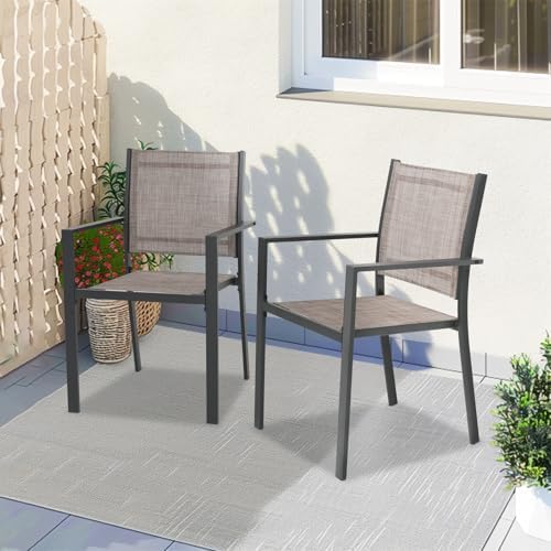 Patio Dining Chairs Set of 6, All-Weather High-Resilience Textilene Outdoor Dining Chair, Heavy-Duty Stackable Minimalist Outdoor Chairs with Armrest, Patio Chairs for Lawn Deck Pool, Brown