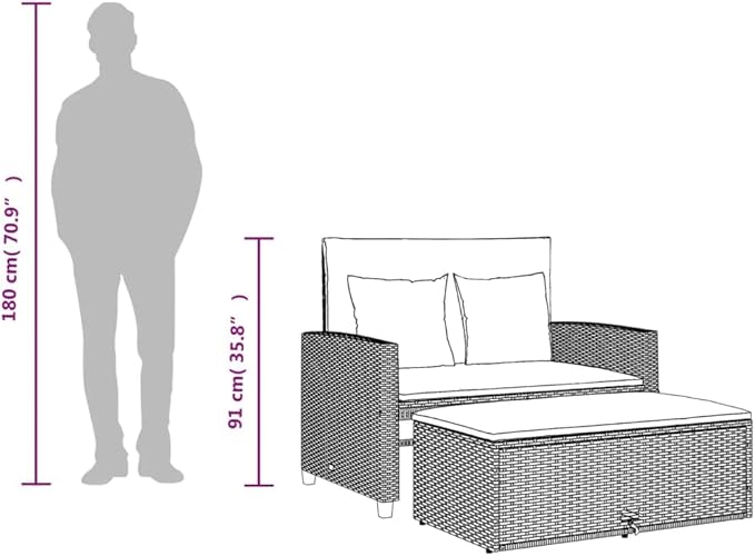 vidaXL Patio Sofa 2-Seater Garden Bench Storage Bed - PE Rattan, Black/Cream, UV-, Outdoor Lounge, 45.3"x29.5"x35.8"