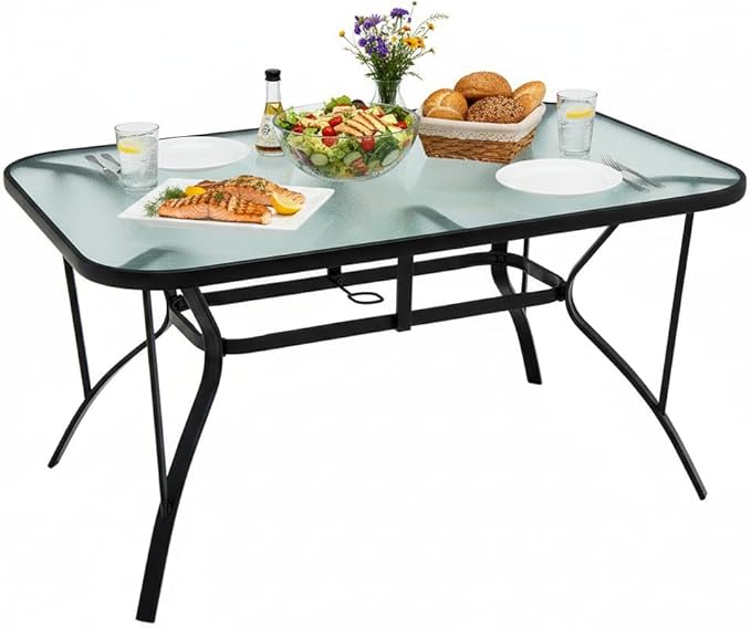 Tangkula 55" Patio Dining Table for 6, Rectangle Outdoor Dining Table with Tempered Glass Tabletop - Photo 1