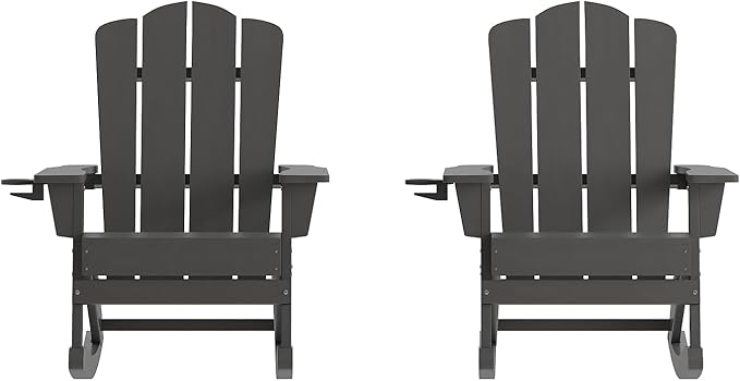 Flash Furniture Newport Adirondack Rocking Chairs with Cup Holder, Weather Resistant Poly Resin Adirondack Rocking Chairs, Set of 2, Gray